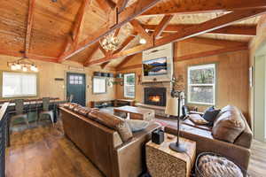 Living room with wood burning fireplace