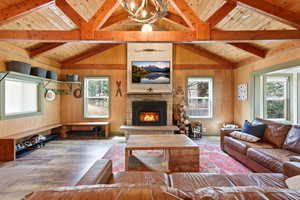 Living room with wood burning fireplace