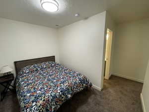 Bedroom featuring dark carpet and a textured ceiling