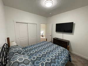 Carpeted bedroom with a closet and a textured ceiling