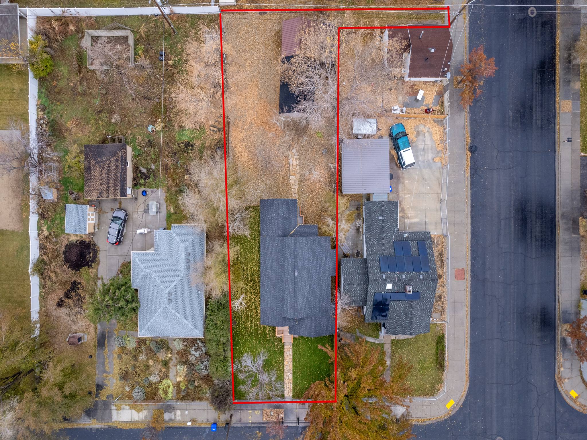 Aerial overview of property's location with property parcel outlined