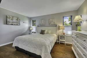 Bedroom with multiple windows, dark wood-type flooring, and crown molding