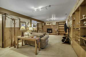 Living room featuring a fireplace, wooden walls, built in features, light colored carpet, and a wainscoted wall