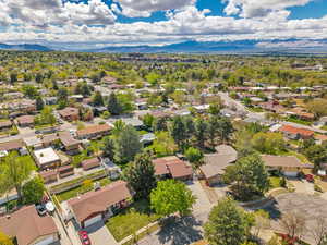 Aerial view of residential area with a mountainous background