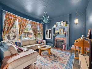 Beautiful living room with large windows and fireplace