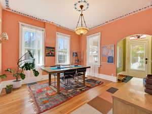 High ceilings and stained glass light fixture