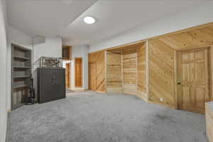 Unfurnished bedroom with carpet and wooden walls