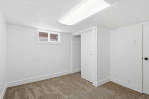 Basement with carpet floors and a textured ceiling