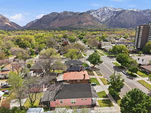 Aerial perspective of suburban area featuring mountains