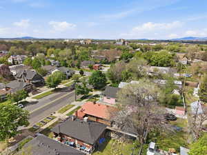 Aerial view of residential area with a mountain backdrop