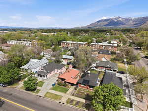 Aerial view of residential area with mountains