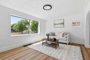 Living area featuring light wood-type flooring, a textured ceiling, and arched walkways