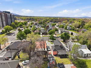 Aerial perspective of suburban area with mountains