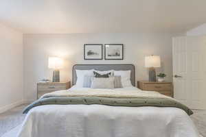 Bedroom with carpet floors and baseboards