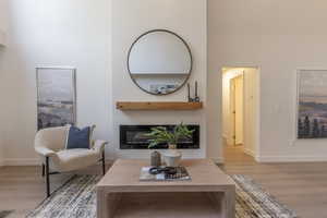 Living area featuring light wood finished floors and a glass covered fireplace