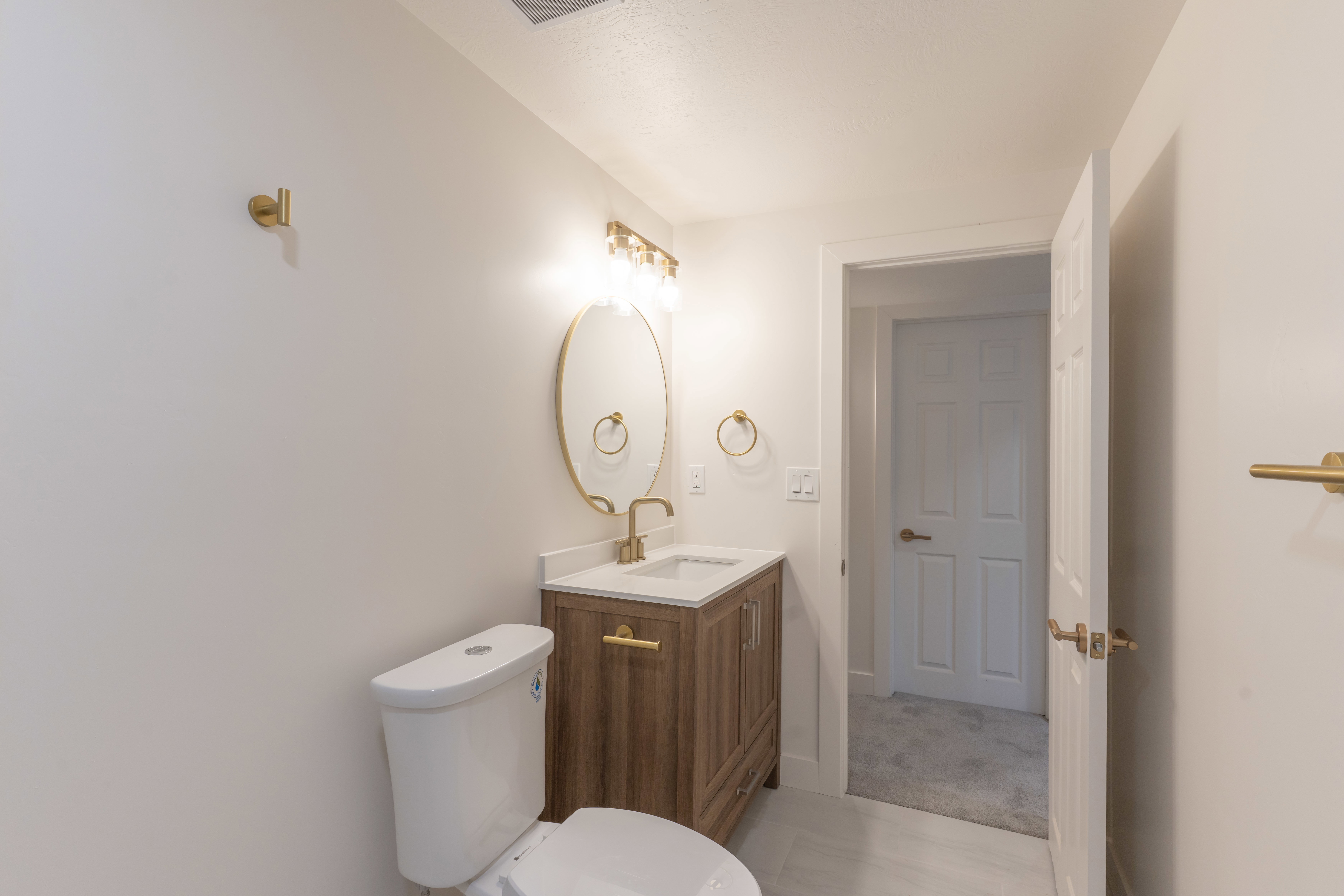 Half bath with vanity and light carpet