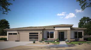 Prairie-style house with an attached garage, driveway, and stucco siding