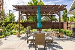 Fenced backyard with a patio, a pergola, and outdoor dining area