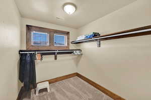 Walk in closet featuring light colored carpet