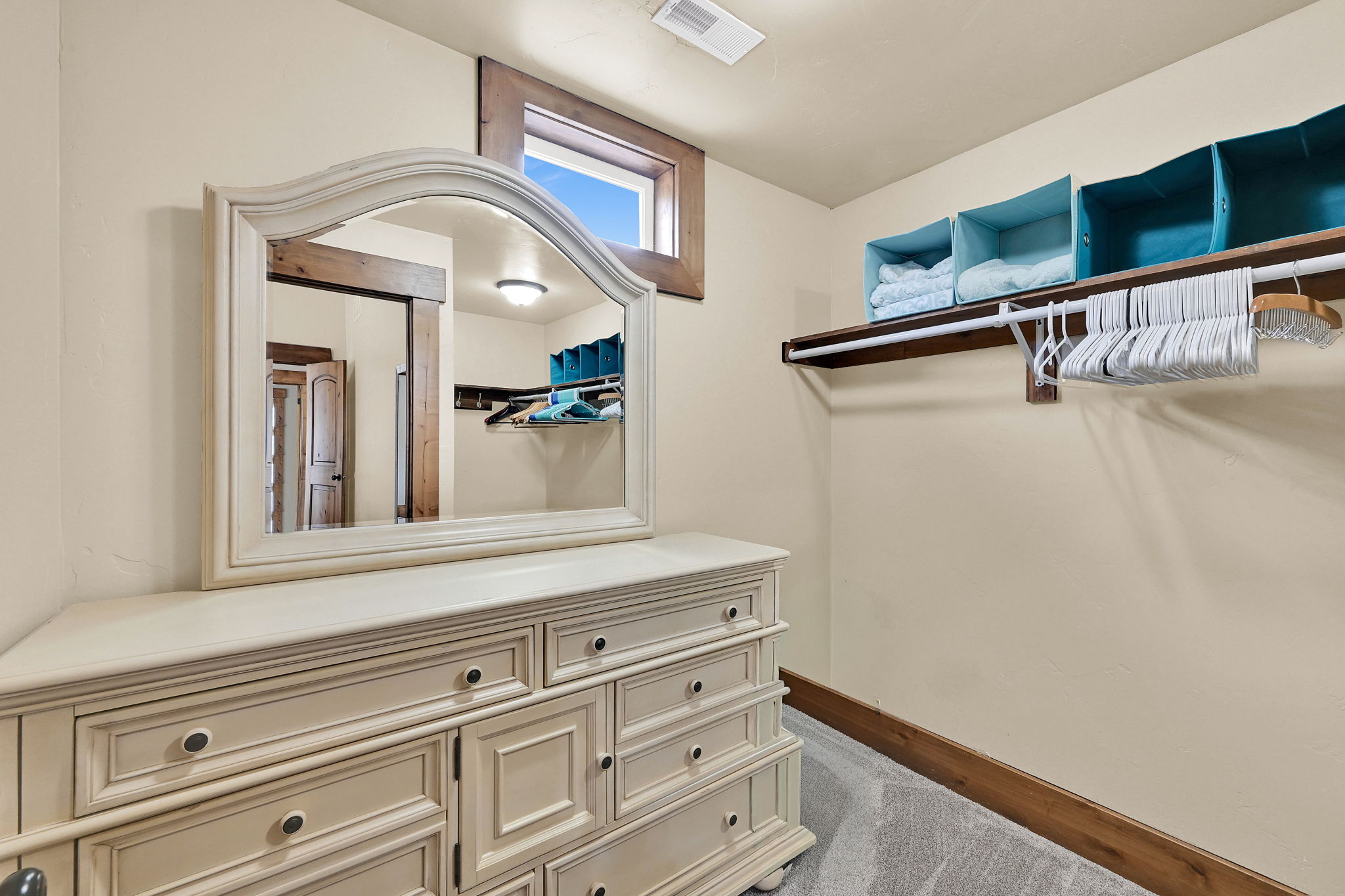 Walk in closet featuring dark colored carpet