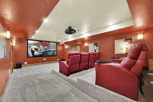 Cinema room featuring light colored carpet and recessed lighting