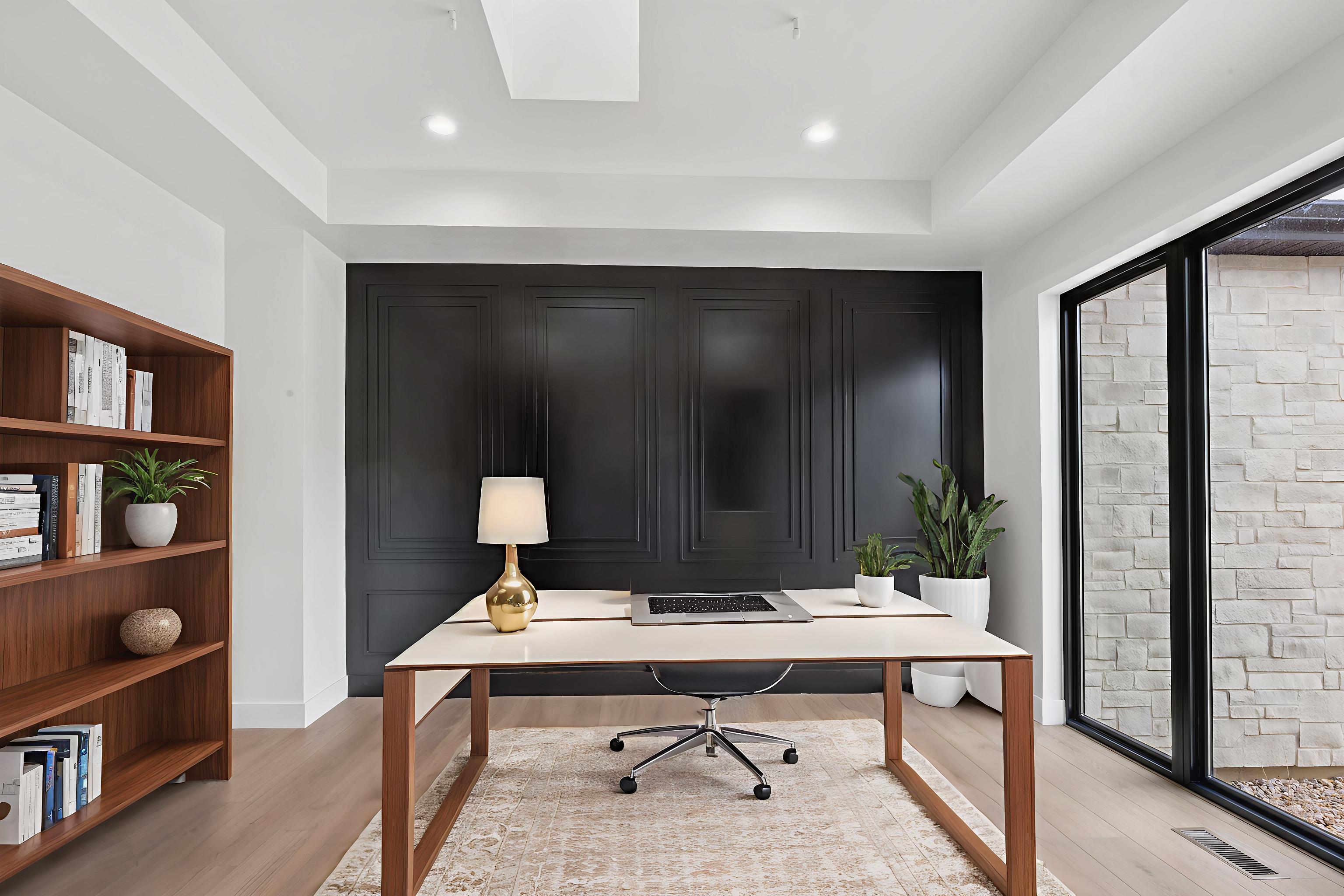 Office space with light wood-type flooring, a skylight, and recessed lighting
