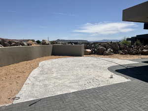 View of patio featuring a mountain view