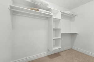 Walk in closet featuring light carpet