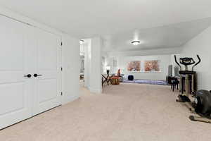 Workout area featuring light colored carpet and baseboards
