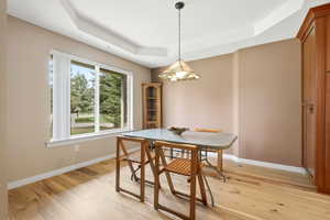 Dining space with a tray ceiling and light wood-type flooring