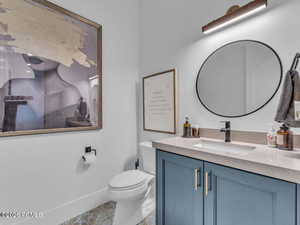 Half bath featuring vanity and toilet