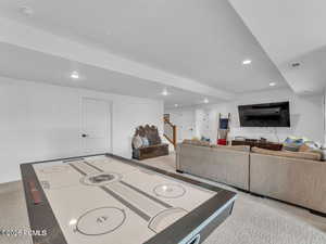 Recreation room with light carpet and recessed lighting