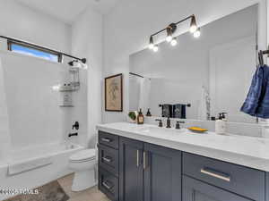 Full bathroom featuring vanity and washtub / shower combination