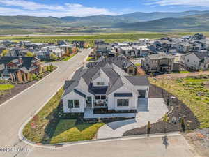 Aerial view of residential area with mountains