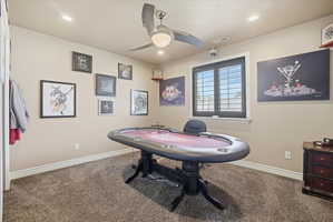 Game room featuring ceiling fan, carpet floors, and recessed lighting