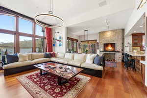 Living room featuring wood finished floors, rail lighting, and a stone fireplace