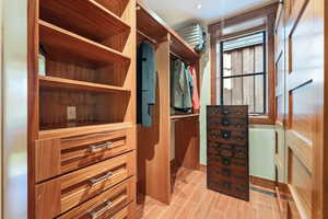 Walk in closet with wood finish floors