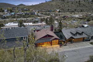 Aerial view of residential area with mountains