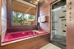 Bathroom featuring a stall shower, a bath, and wood walls