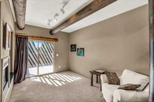 Living area featuring track lighting, beam ceiling, carpet flooring, and a fireplace