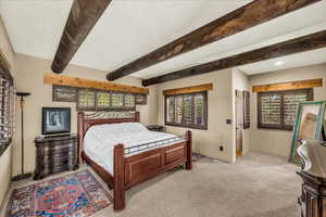 Bedroom featuring light colored carpet, beam ceiling, and multiple windows