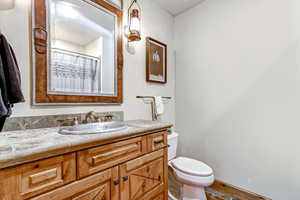 Full bathroom featuring vanity and a shower with curtain