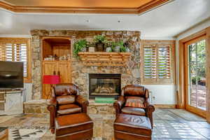 Living room featuring a stone fireplace and ornamental molding