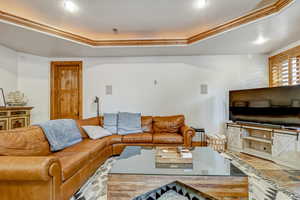 Living room with a tray ceiling and ornamental molding