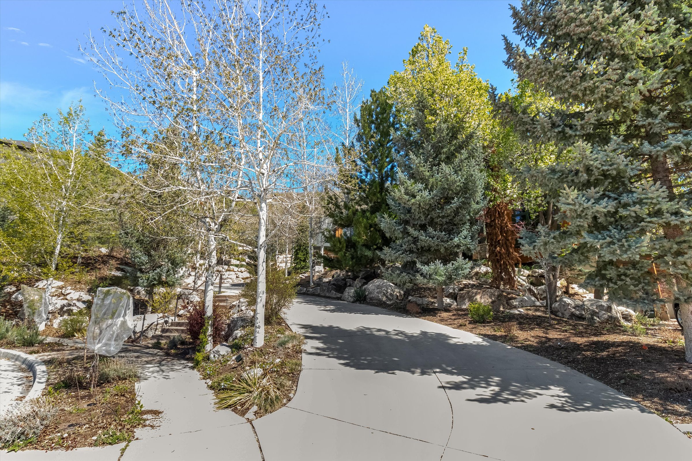 Driveway entrance from street level. Driveway is heated–no shoveling necessary!