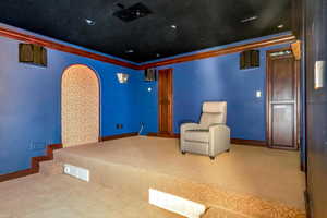 Unfurnished room featuring carpet floors and arched walkways