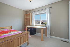 Bedroom featuring light colored carpet and a mountain view