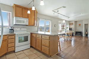 Kitchen with track lighting, white appliances, a peninsula, healthy amount of natural light, and wood finish cabinets