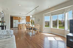 Dining area featuring light wood-style floors and track lighting