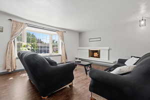 Living room featuring a lit fireplace and wood finished floors